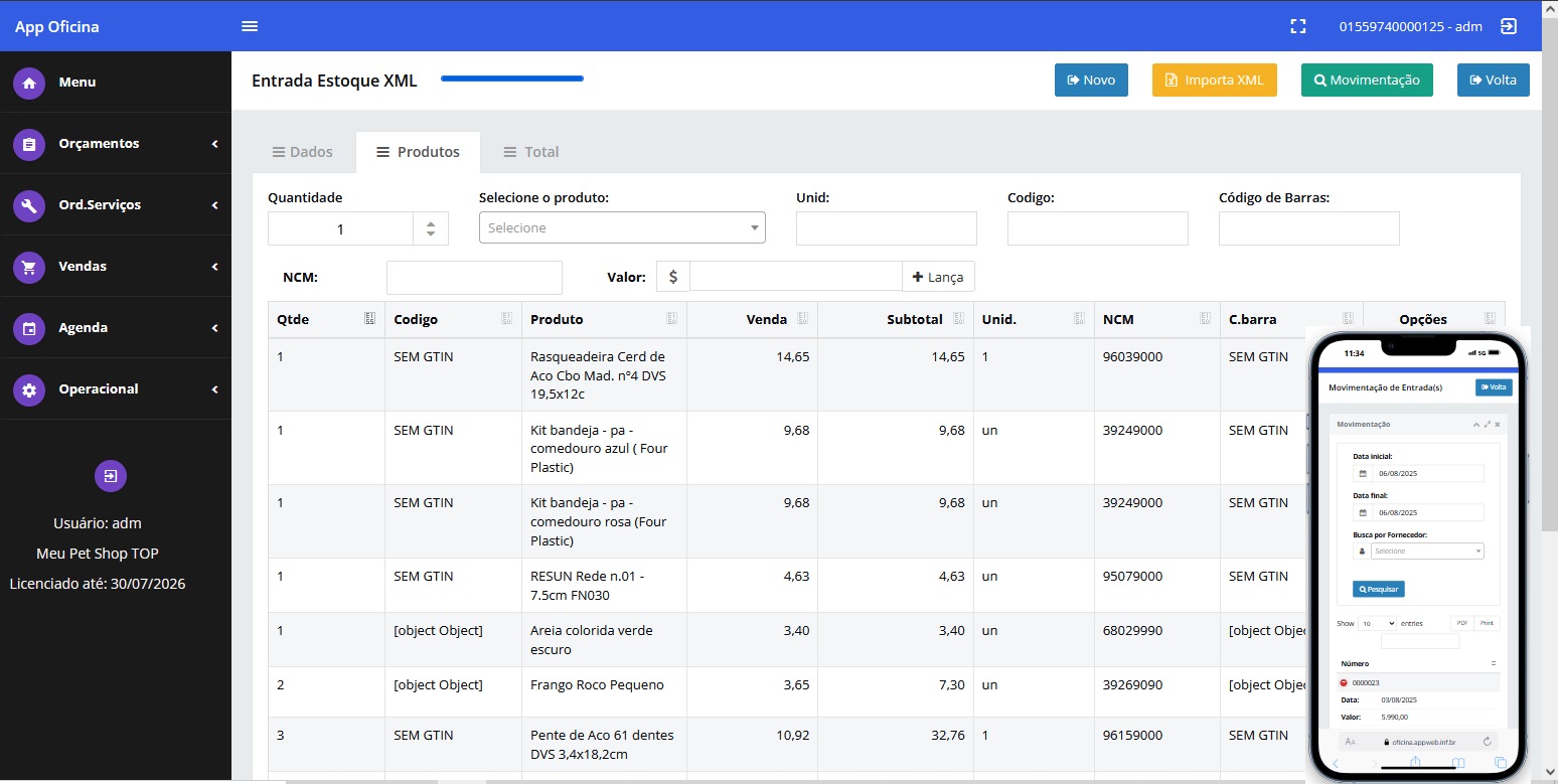 Controle de estoque do App Oficina