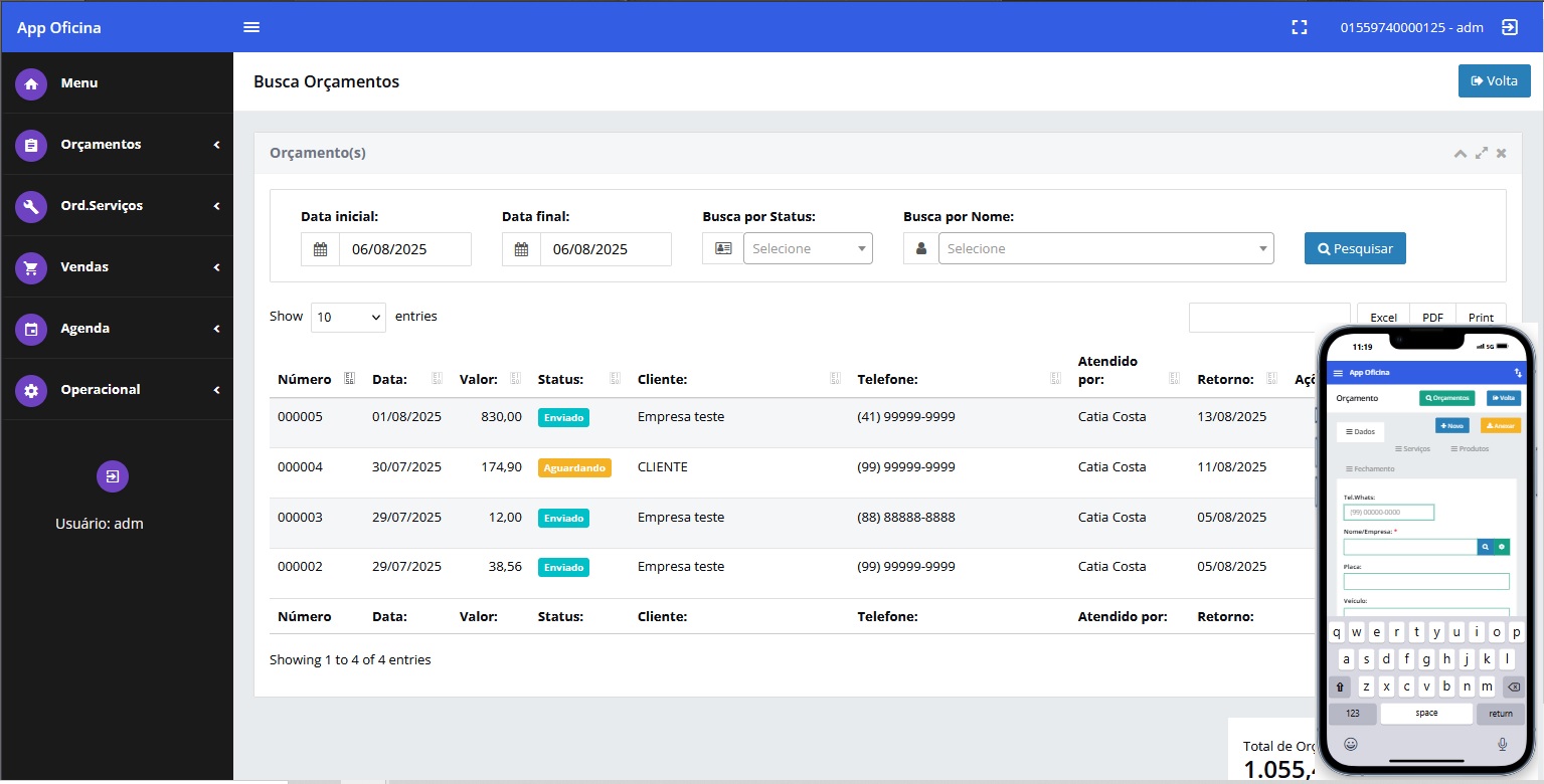 Tela de orçamentos do App Oficina