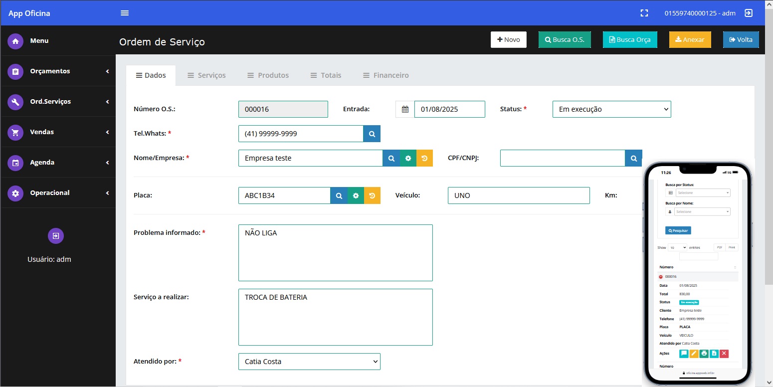 Tela de ordem de serviços do App Oficina