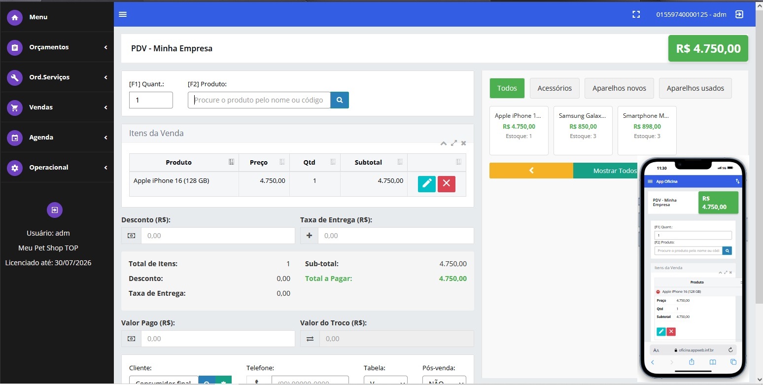 PDV de vendas do App Oficina